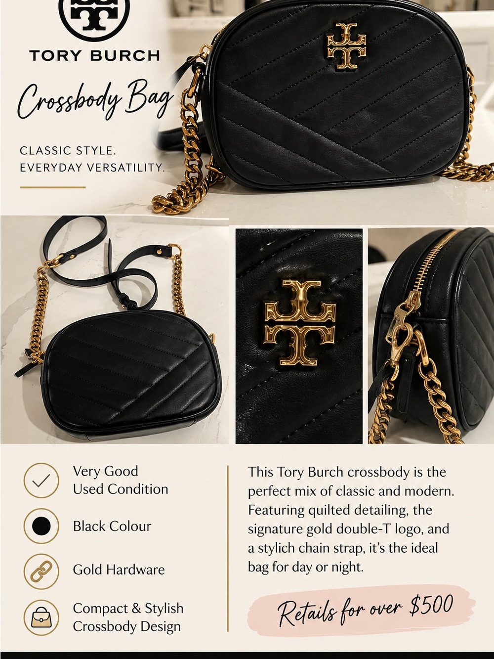 Tory Burch Black Quilted Crossbody Bag with Gold Hardware